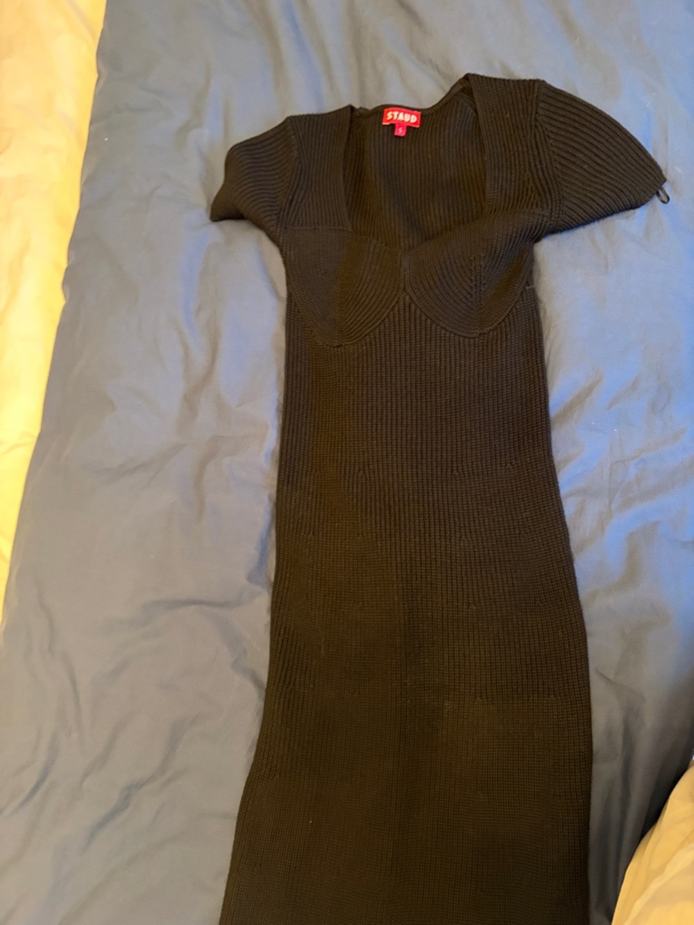 STAUD Black Ribbed Knit Fitted Maxi Dress